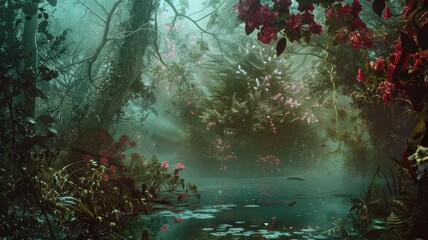 Mystical forest with pink flowers and mist - An ethereal scene of a misty forest blooming with pink flowers, creating a mood of mystery and enchantment