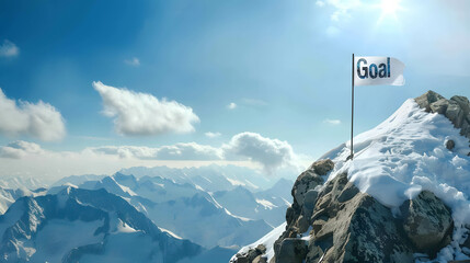 The flag word “Goal” on the mountain, setting good and clear goals helps you reach your target and achieve success faster