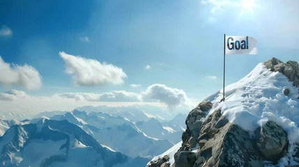 Tuinposter The flag word “Goal” on the mountain, setting good and clear goals helps you reach your target and achieve success faster © Slowlifetrader
