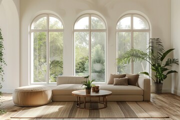 Mid-century style interior design of a modern living room featuring a beige sofa and pouf positioned near a round coffee table against arched windows.