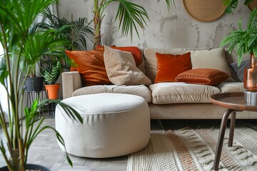 Scandinavian interior design of a modern living room showcases a beige velvet sofa adorned with terra cotta cushions, surrounded by houseplants