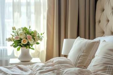 Art deco style interior design of a modern bedroom featuring a flower vase placed on a nightstand near a beige bed.