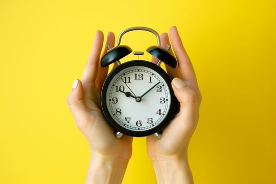 A woman holding an alarm clock in her hands
