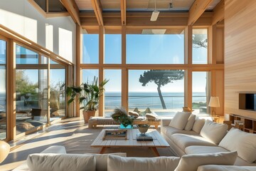Living room interior design in a contemporary beach house by the seaside