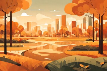 Warm-toned minimalist illustration of a city park