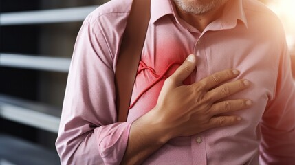 hand hold chest with heart attack symptoms, asian woman working hard have chest pain caused by heart disease, leak, dilatation, enlarged coronary heart, press on the chest with painful expression