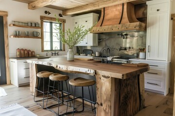 Contemporary kitchen interior design featuring a solid wood island complemented by rustic stools adjacent to it