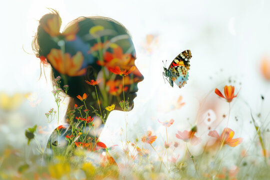 Spring Awakening - Double Exposure of a Woman with Blooming Flowers and Butterflies
