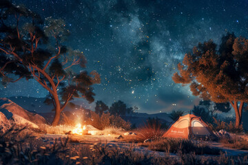  Starlit Serenity: Tranquil Camping Site with Glowing Bonfire Under the Milky Way - obrazy, fototapety, plakaty