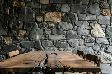 A wooden table sitting in front of a stone wall
