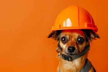 A small dog wearing a hard hat on its head