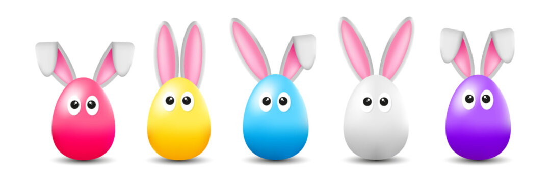 Set of 3D Easter eggs with bunny ears. Isolated vector illustration.
