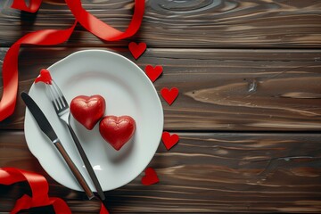 Two hearts on a plate with a knife and fork
