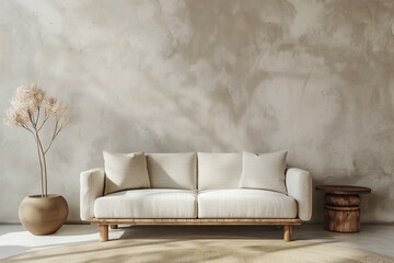 Vintage sofa and coffee table set amidst an expansive stucco wall, offering abundant space for customization