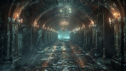 Eerie Dark Hallway With Hanging Chandelier
