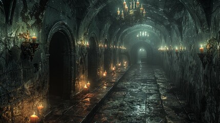 Dimly Lit Tunnel With Candles and Chandeliers