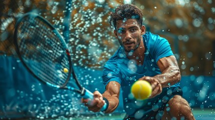 Man Hitting Tennis Ball With Racquet - obrazy, fototapety, plakaty