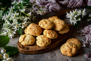Sweet dessert for breakfast: nut cookies. Crunchy cookies with nuts. close-up