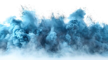Explosive blue smoke on white backdrop