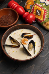 Seafood soup with salmon and mussels in a white plate