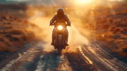 Fototapete Person Riding Vintage Motorcycle on Dirt Road © Ilugram