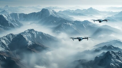 Group of Planes Flying Over Mountain Range