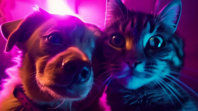 Cat and dog best friends taking a selfie shot. Party neon light