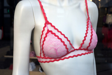 Closeup of red and pink bra on mannequin in a fashion store showroom - 759006582