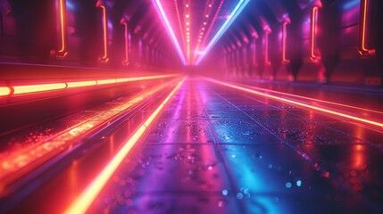 Fototapeta na wymiar Person Walking Through Neon-Lit Tunnel