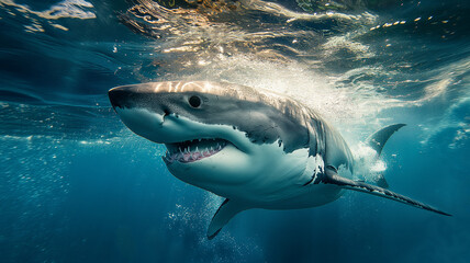 Fototapeta premium Great White Shark Approaching in Clear Blue Waters