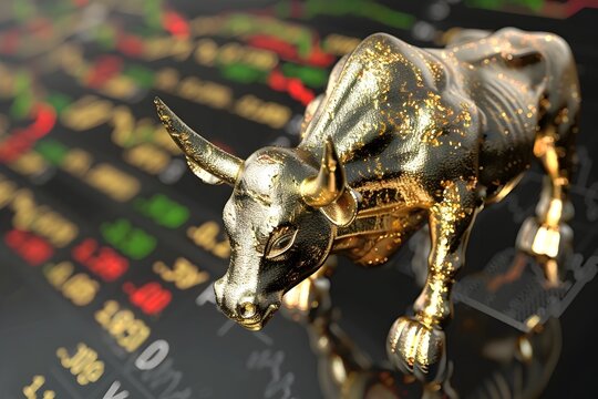 All Time High. bull standing next to financial charts symbolizing the growth and prosperity of the stock market in a futuristic digital art style, money saving, business finance concept