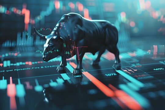 Stock Market. bull standing next to financial charts symbolizing the growth and prosperity of the stock market in a futuristic digital art style, money saving, business finance concept