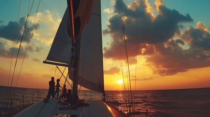Silhouette of a family, on a modern sailboat in the middle of the sea, with stunning sky and clouds generative ai art - obrazy, fototapety, plakaty