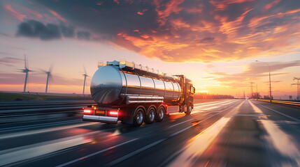 Rear view of big metal fuel tanker truck in motion shipping fuel to oil refinery - obrazy, fototapety, plakaty