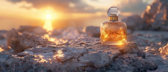 luxurious perfume bottle with golden and marble textures sitting atop a rough natural stone. - obrazy, fototapety, plakaty