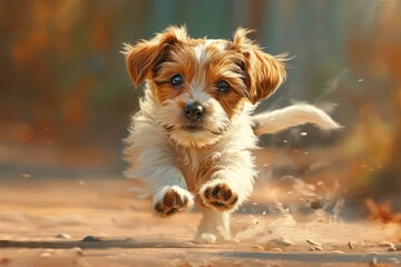 A charming illustration of a mischievous puppy, with floppy ears and a wagging tail, eagerly chasing its own tail in a circle of joyful abandon, - obrazy, fototapety, plakaty
