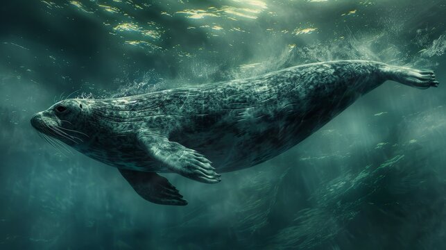 A captivating and ethereal scene with a graceful and elusive selkie, emerging from the sea and shedding its seal skin to reveal its true form,