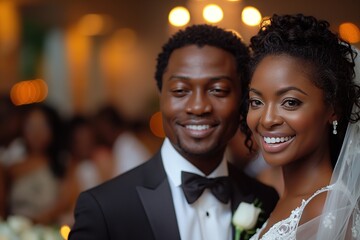 Handsome groom and beautiful bride in a loving embrace with soft-focus background