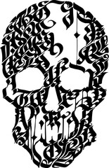 Adobe IllVector black scull isolated on white. Hand drawn by abstract gothic letters. Monochrome element for design tattoo, t-shirt print, halloween decorations.ustrator Artwork
