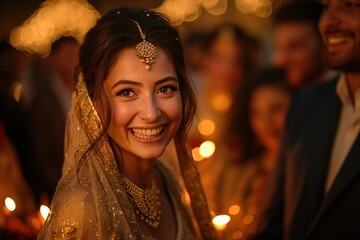 Obraz na płótnie Canvas A stunning bride in traditional Indian wedding attire smiles warmly at a celebration