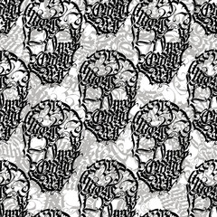 Vector seamless pattern: black sculls hand drawn from gothic lettering elements and gray ornament on white. Creative modern design for textile, fabric, wallpaper, wrapping paper.