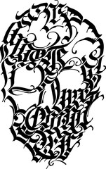 Adobe IVector black and white illustration: scull in abstract ornament from gothic calligraphy letters. Beautiful element for tattoo, halloween decor, print.llustrator Artwork