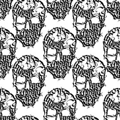 Vector seamless pattern: black skulls hand drawn by gothic letters ornament on white. Design for textile, fabric, wallpaper, wrapping paper. Halloween decor.