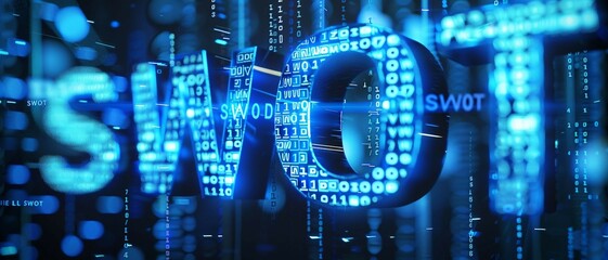 Digital blue matrix binary code forms the acronym SWOT , symbolizing the concept of Strengths, Weaknesses, Opportunities, Threats.
