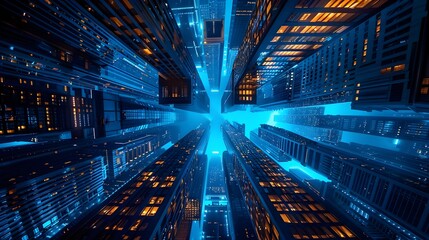 Fototapeta na wymiar futuristic cityscape with skyscrapers illuminated by blue neon light, viewed from below. blue neon light illuminating tall office tower in a cyberpunk metropolis