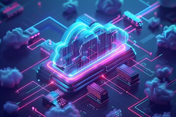 Cloud Computing. 3d isometric illustration of an abstract cloud on top of the main chip, surrounded by other digital elements such as icons and circuit line, network technology concept - obrazy, fototapety, plakaty
