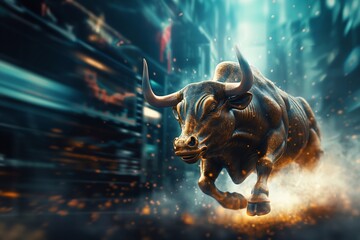 businessman riding a gold bull with in a soaring position. background is a monitor stock trading program generative ai art