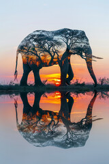 Silhouette of Elephant with double exposure