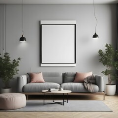 A living room with a white wall and a large white framed picture