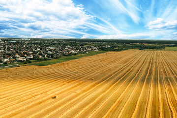 Aerial View Of summer Hay Rolls Straw Field Landscape. Haystacks, Hay Rolls. Harvest Season. Elevated View. - 759008782